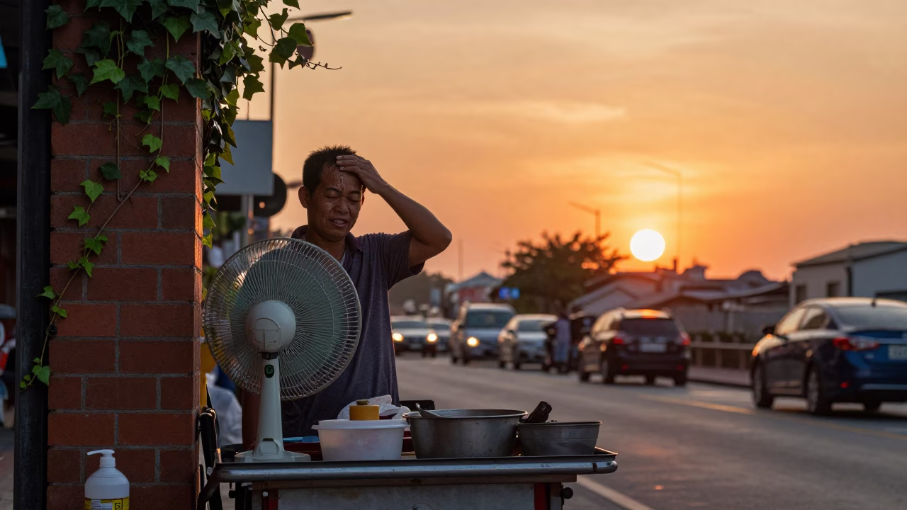 Kaohsiung street vendor with table fan and ivy brick wall at sunset in in Kaohsiung, Taiwan