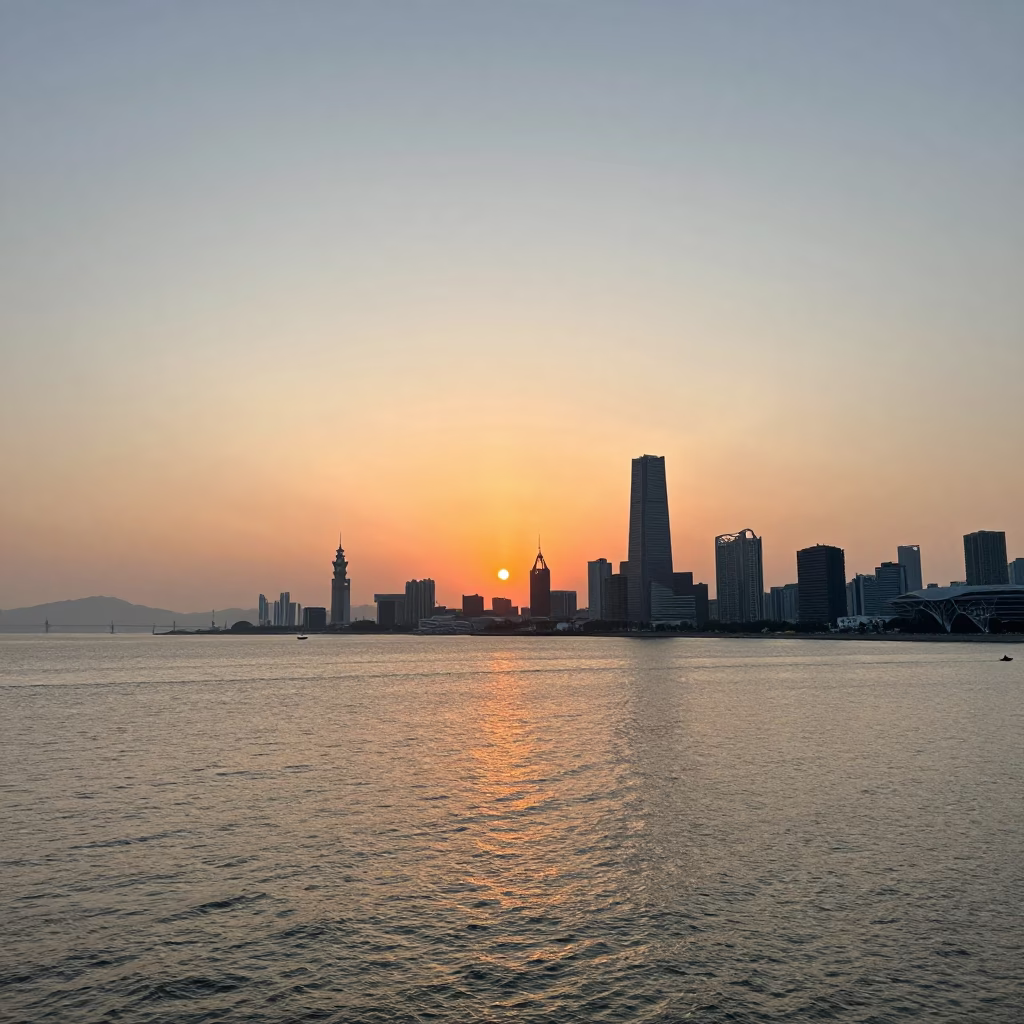 Kaohsiung Sunset Horizon View Over Modern Skyline and Coastal Water in in Kaohsiung, Taiwan