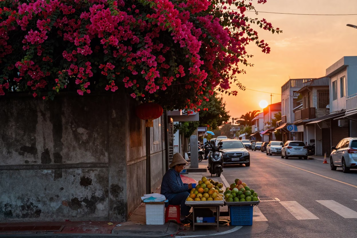 Kaohsiung Sunset Street Scene with Bougainvillea and Fruit Vendor Near River in in Kaohsiung, Taiwan
