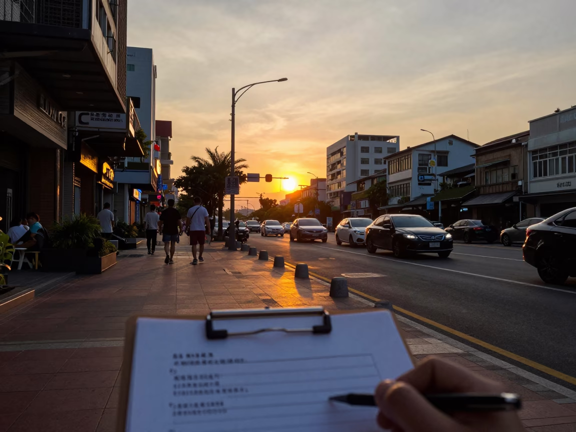 Kaohsiung Sunset Street Scene with Clipboard and Urban Details in in Kaohsiung, Taiwan