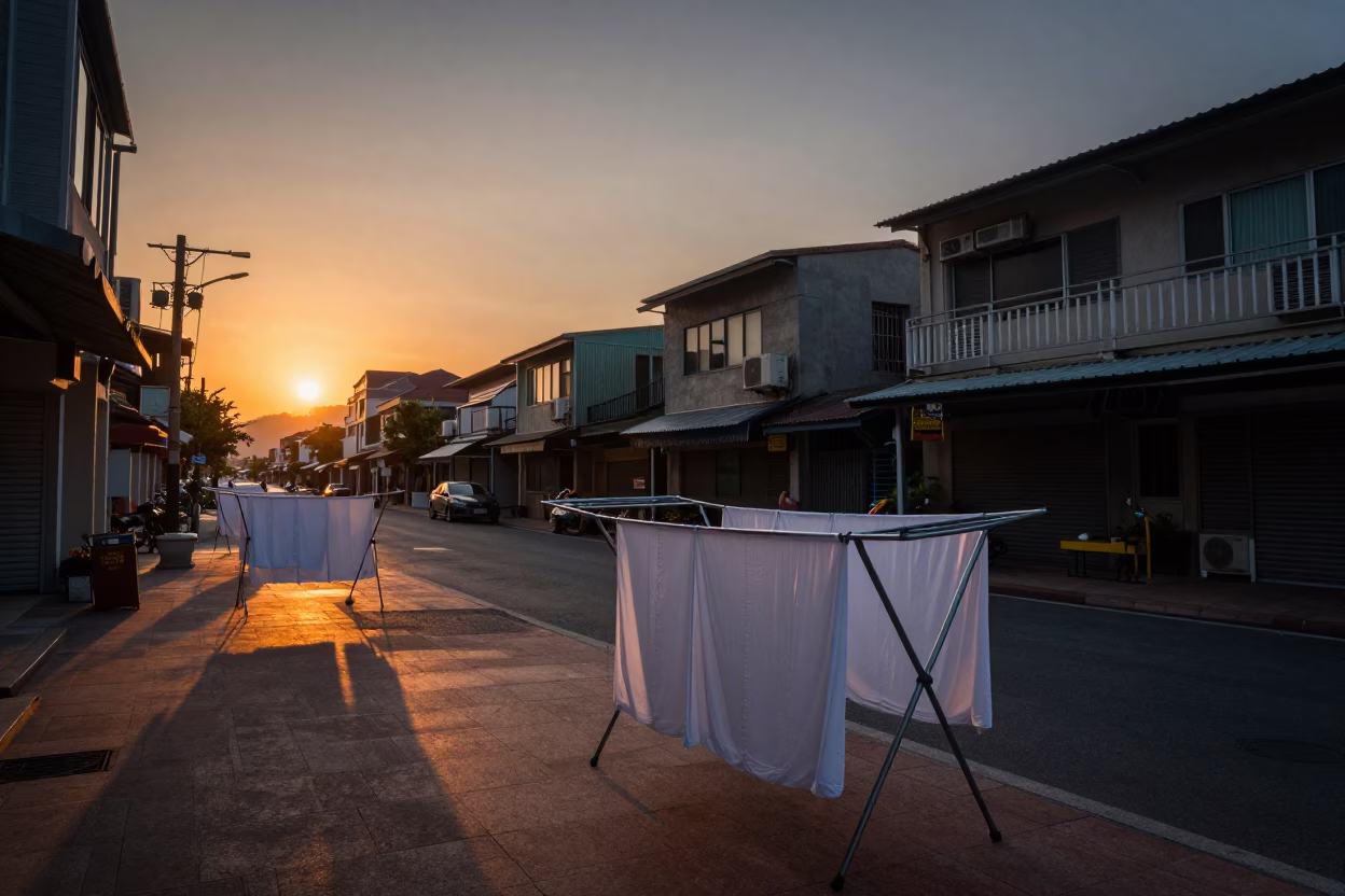 Kaohsiung Sunset Street Scene with Drying Rack and Local Vendors in in Kaohsiung, Taiwan