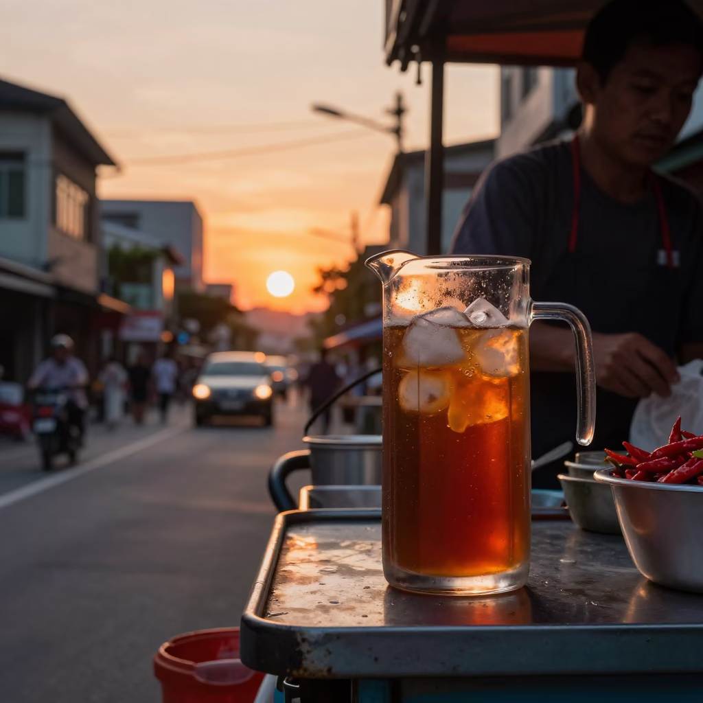 Kaohsiung Sunset Street Scene with Glass Pitcher and Chili Peppers in Taiwan in in Kaohsiung, Taiwan