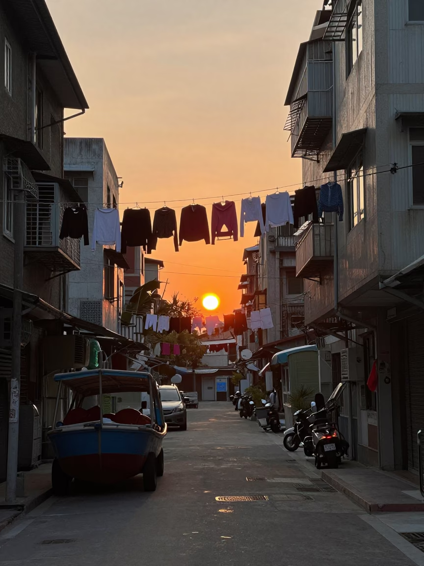 Kaohsiung Sunset Street Scene with Junk Boat and Laundry Hanging Between Buildings in in Kaohsiung, Taiwan