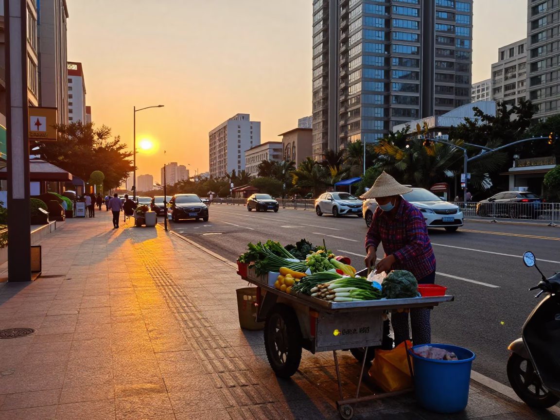 Kaohsiung sunset street scene with vendor washing vegetables near Lotus Pond in in Kaohsiung, Taiwan