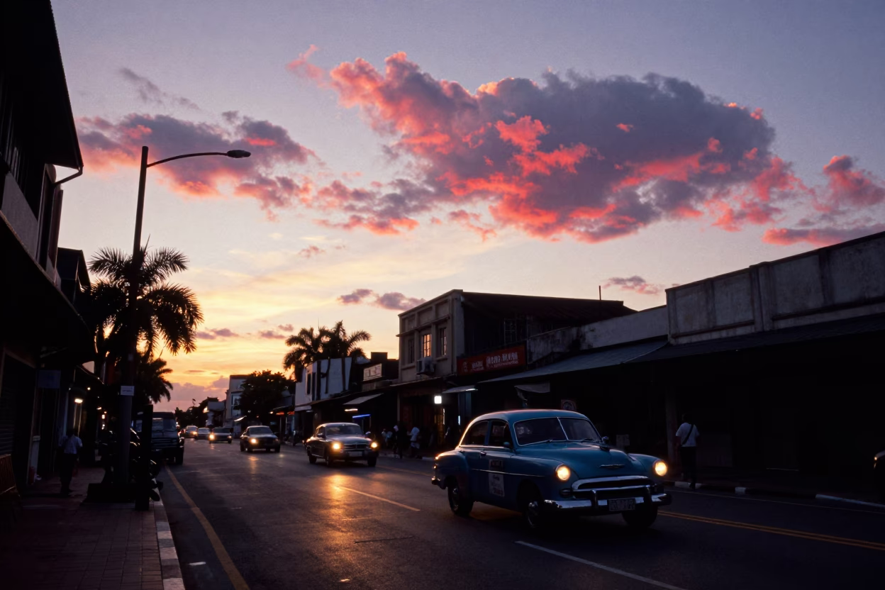 Kaohsiung Sunset Street Scene with Vintage Car and Morning Glory Clouds in in Kaohsiung, Taiwan
