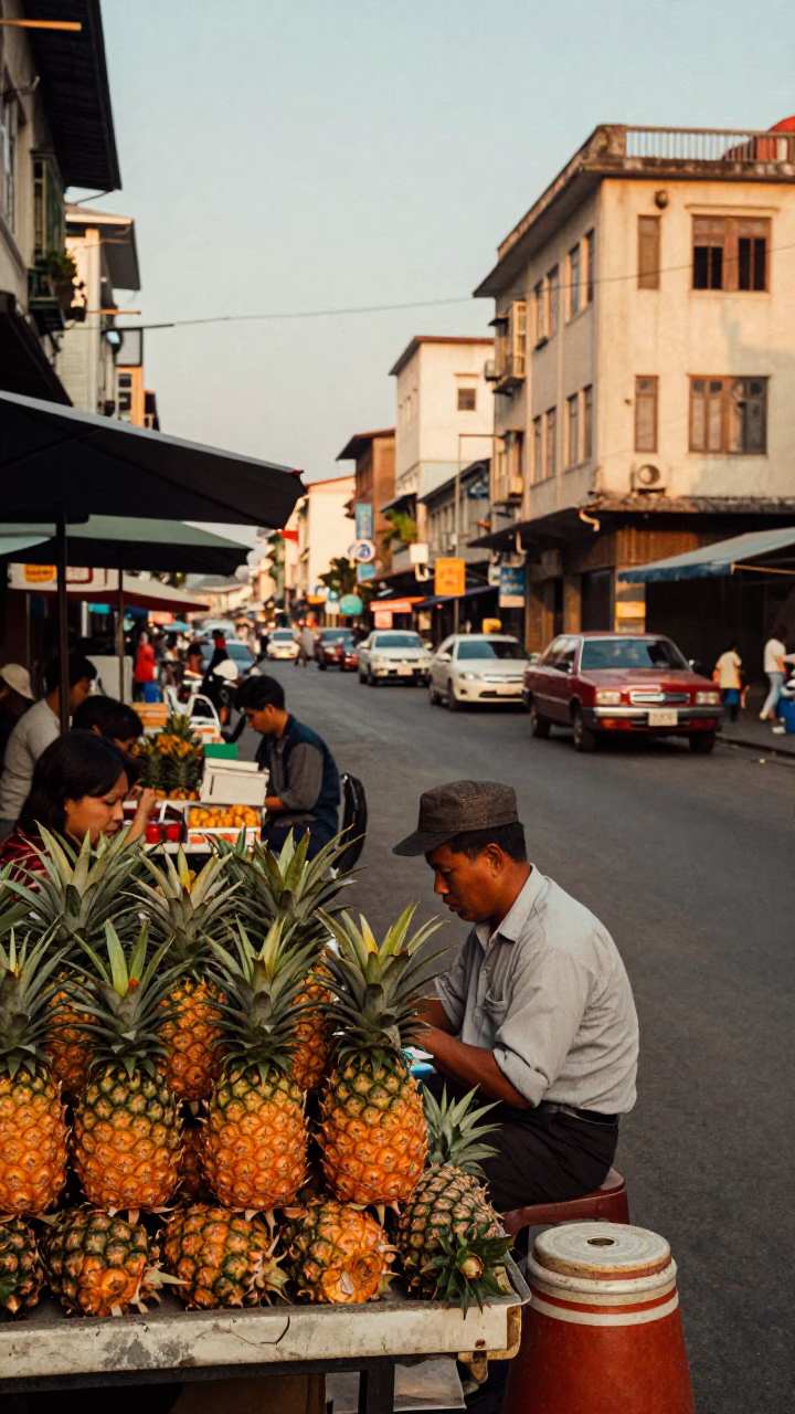 Kaohsiung Taiwan 1960s busy street scene with pineapple crowns and evening light in in Kaohsiung, Taiwan