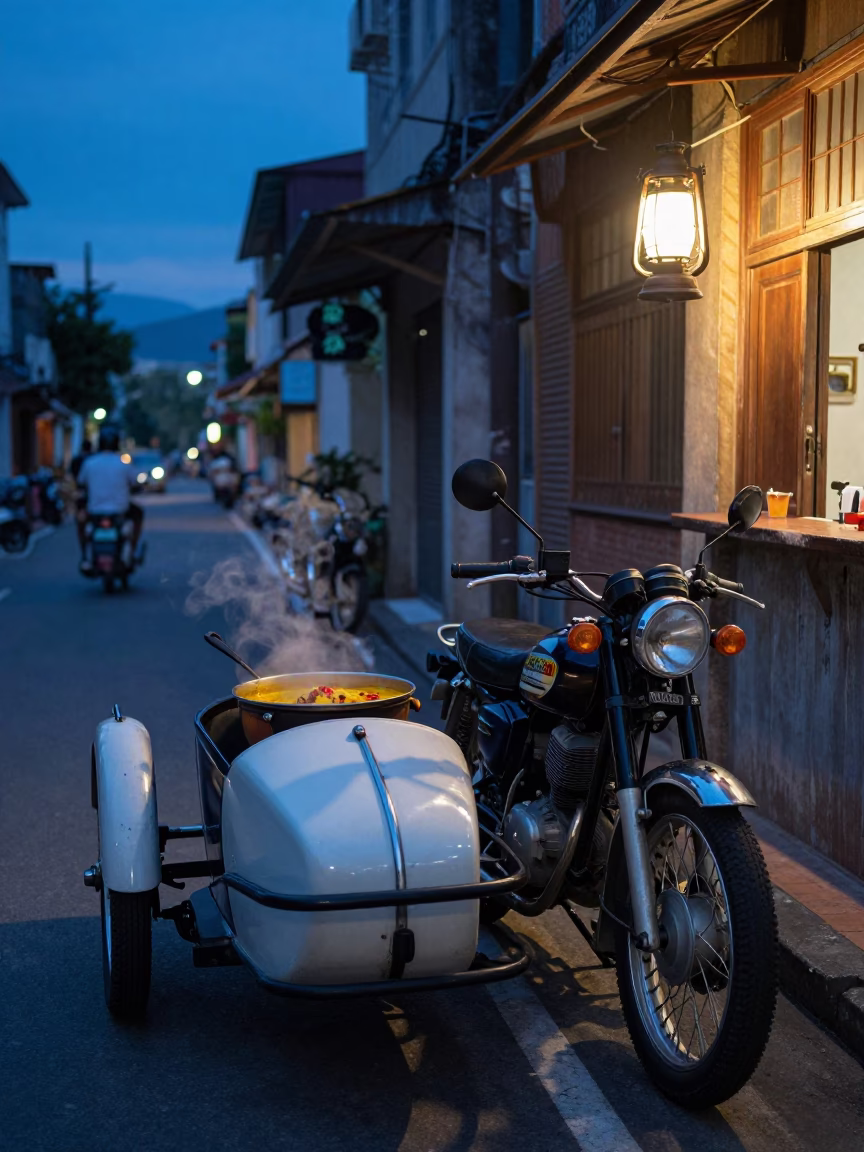 Kaohsiung Taiwan Blue Hour Street Scene Vintage Motorcycle Sidecar and Lantern in in Kaohsiung, Taiwan