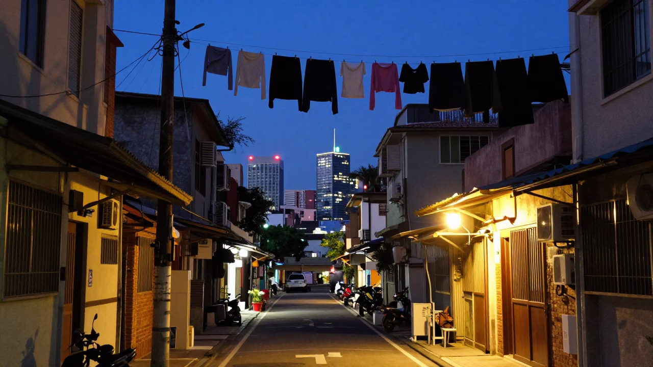 Kaohsiung Taiwan Blue Hour Street Scene with Hanging Laundry and Urban Skyline in in Kaohsiung, Taiwan