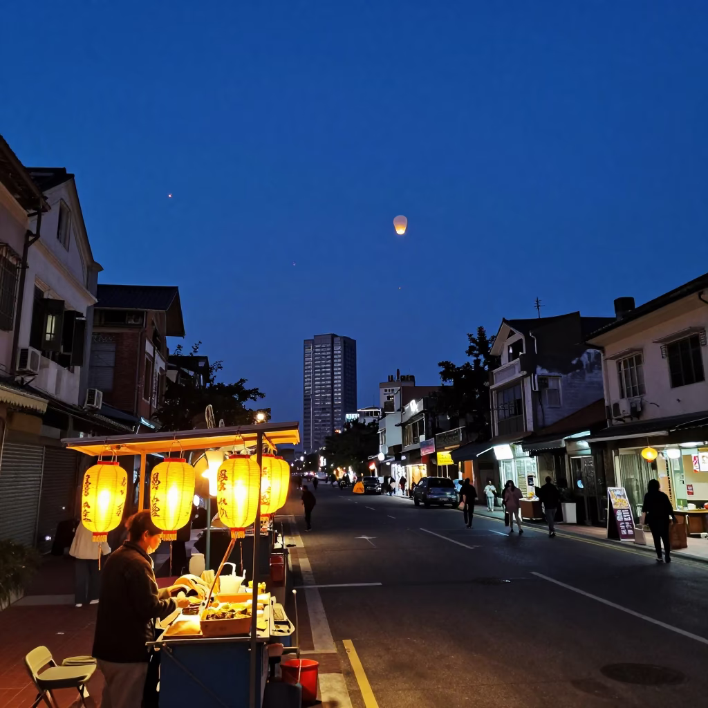 Kaohsiung Taiwan Blue Hour Street Scene with Lantern Festival Sky Lanterns Rising in in Kaohsiung, Taiwan
