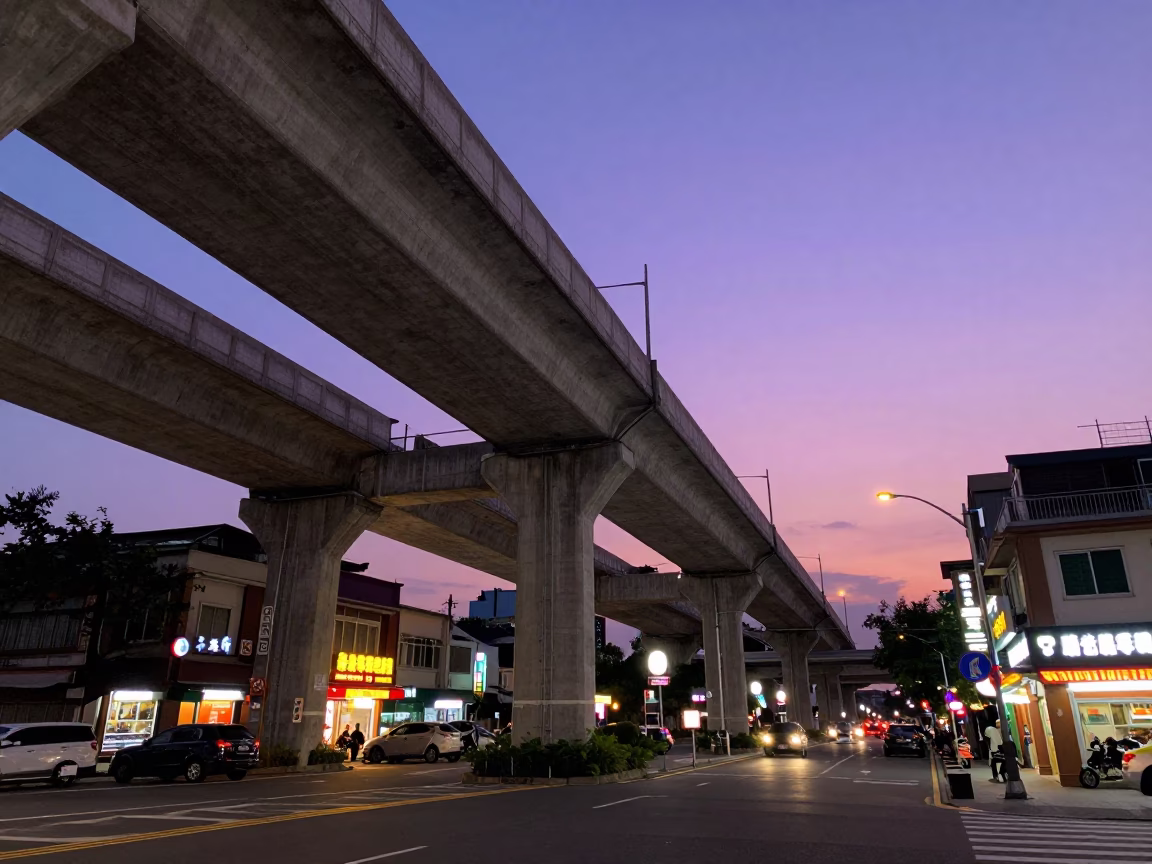 Kaohsiung Taiwan Blue Hour Street Scene with Overpass and Urban Life in in Kaohsiung, Taiwan
