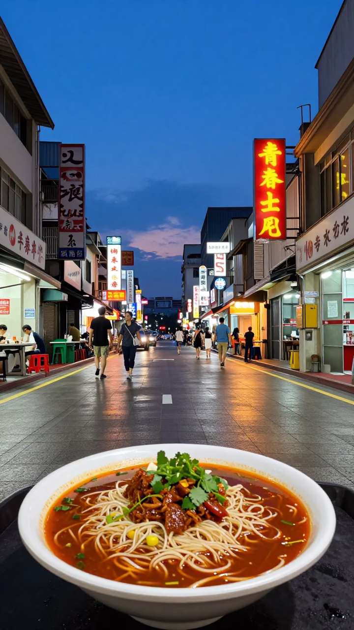Kaohsiung Taiwan Blue Hour Street Scene with Plate of Bibim Guksu and Coffee Grinder in in Kaohsiung, Taiwan