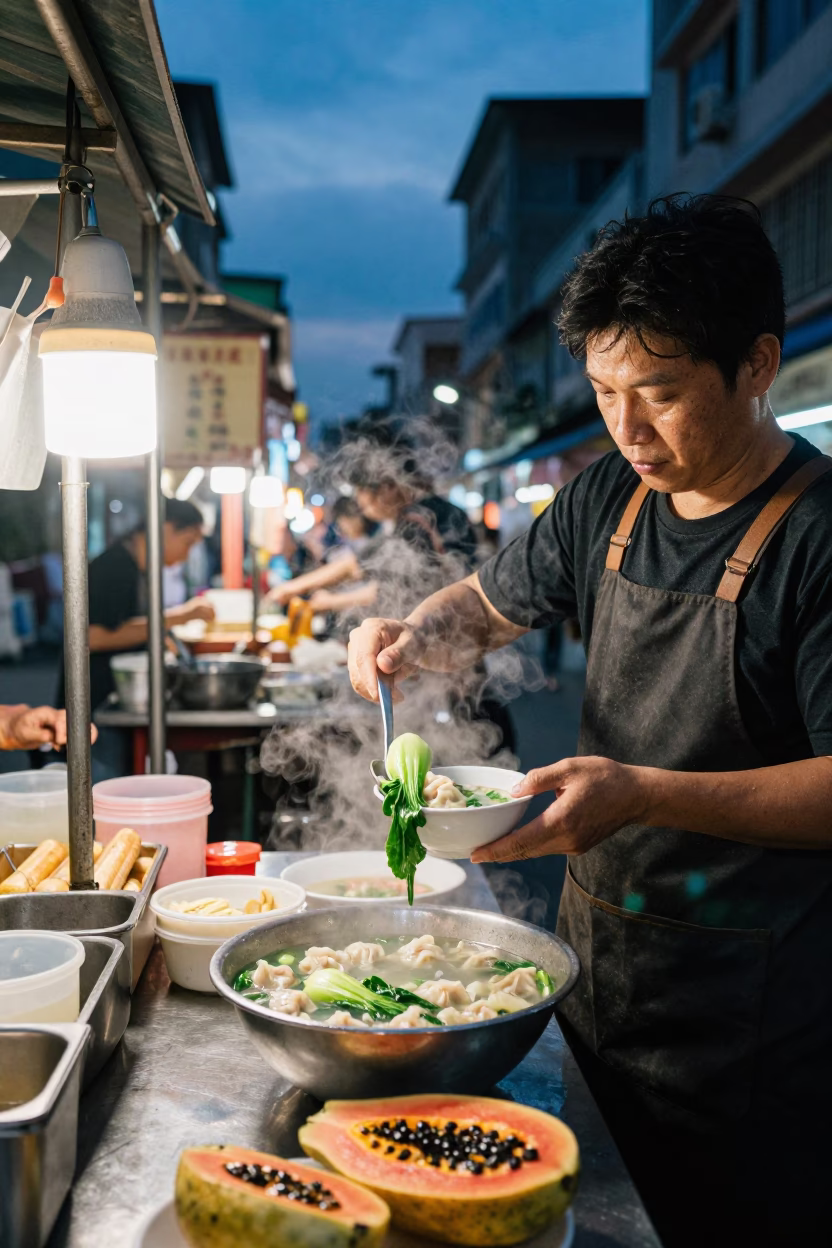 Kaohsiung Taiwan Blue Hour Street Scene with Wonton Soup and Papayas in in Kaohsiung, Taiwan
