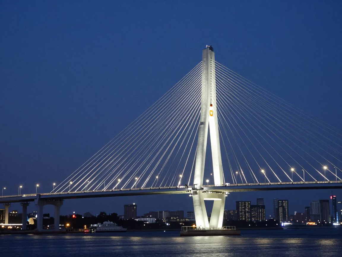 Kaohsiung Taiwan Cable Stayed Bridge Illuminated Against Dark Harbor at Dusk in in Kaohsiung, Taiwan