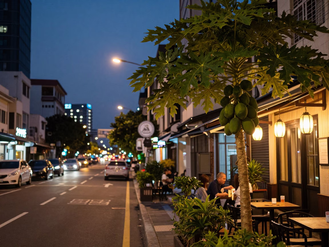 Kaohsiung Taiwan City Lights Begin to Glow Street Scene with Papaya Tree in in Kaohsiung, Taiwan