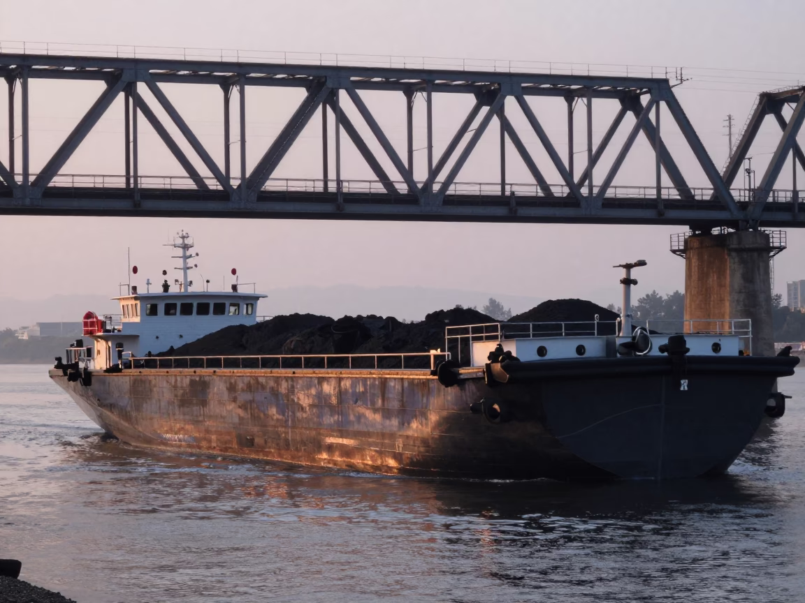 Kaohsiung Taiwan coal barge under railroad bridge before sunrise cool stillness in in Kaohsiung, Taiwan