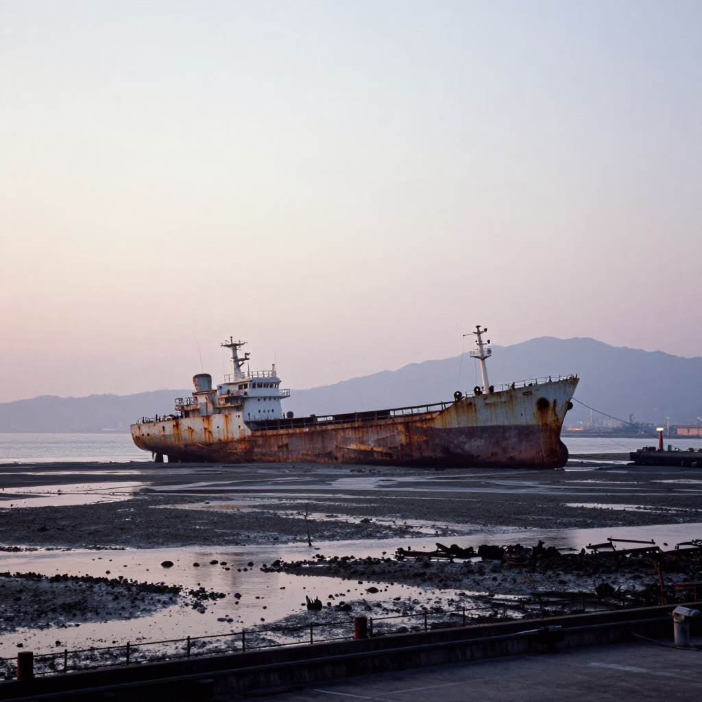 Kaohsiung Taiwan Dawn Light Over Harbor And Rusting Ship in in Kaohsiung, Taiwan