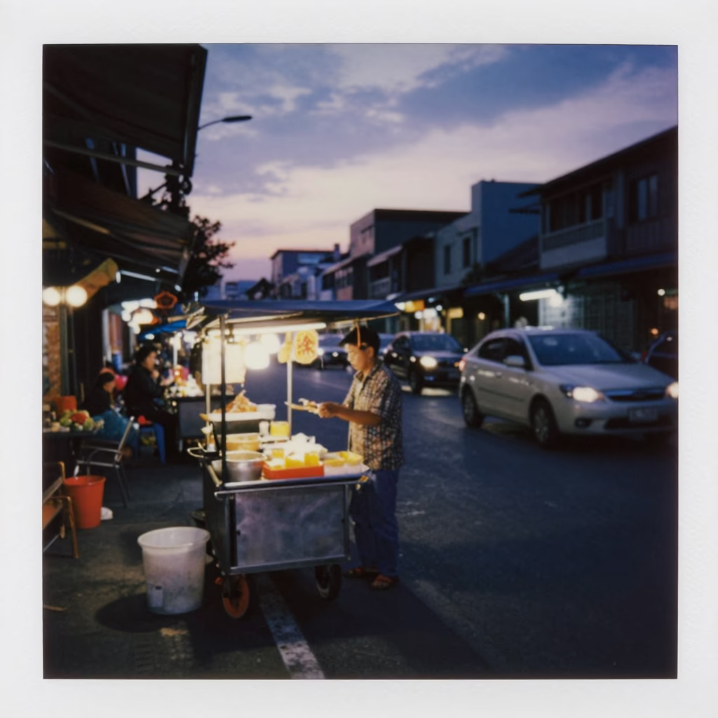 Kaohsiung Taiwan Dawn Street Scene with Food Stall and Early Commuters in in Kaohsiung, Taiwan