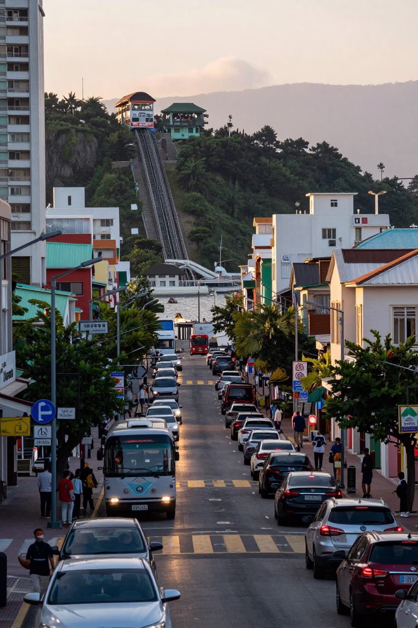 Kaohsiung Taiwan Dawn Street Scene with Funicular and Harbor in in Kaohsiung, Taiwan