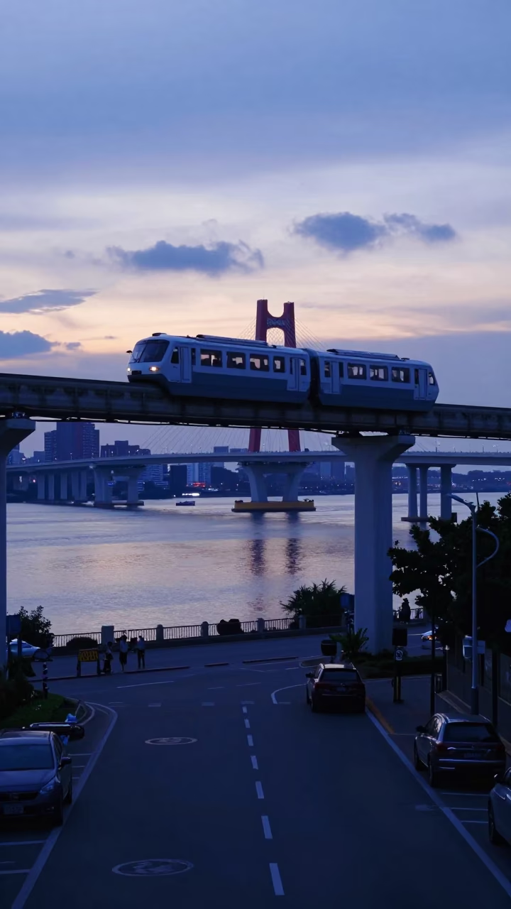 Kaohsiung Taiwan Dawn Street Scene with Monorail and River Reflections in in Kaohsiung, Taiwan