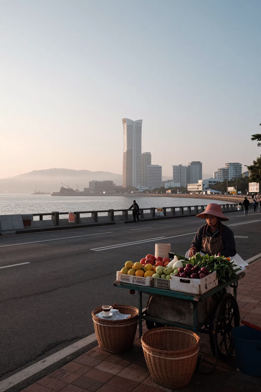 Kaohsiung Taiwan Dawn Street Scene with Wicker Basket and Espresso Cup in in Kaohsiung, Taiwan
