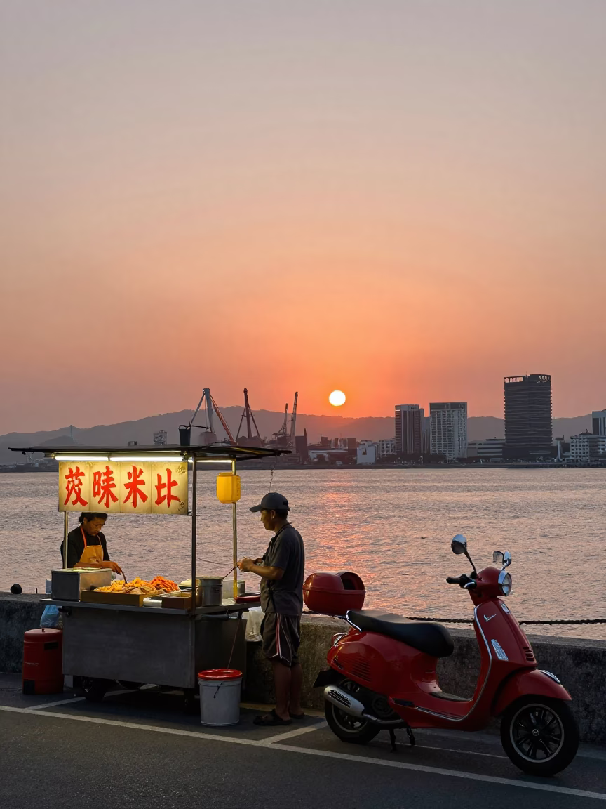 Kaohsiung Taiwan Dusk Harbor View with Traditional Street Food Vendor and Vespa in in Kaohsiung, Taiwan