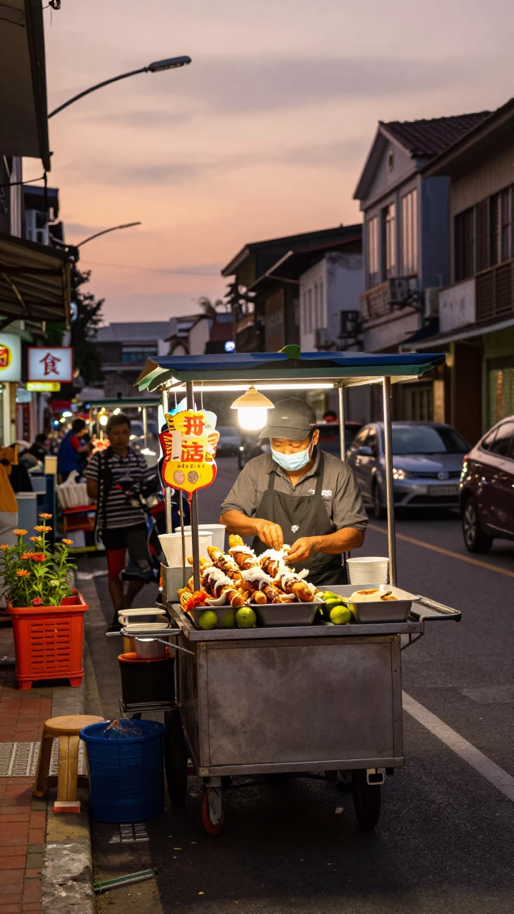 Kaohsiung Taiwan dusk street scene with food vendor and zinnia bed in in Kaohsiung, Taiwan