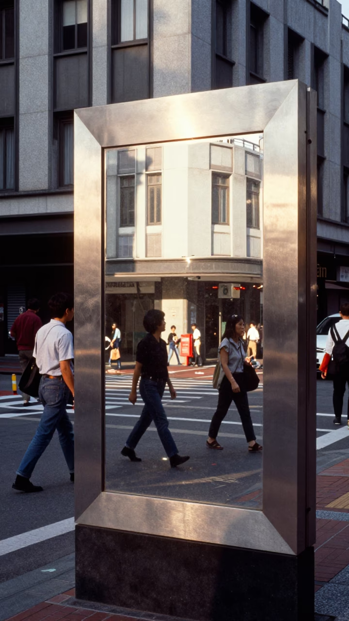 Kaohsiung Taiwan Early Afternoon Street Scene with Brushed Steel Mirror Edge Reflection in in Kaohsiung, Taiwan