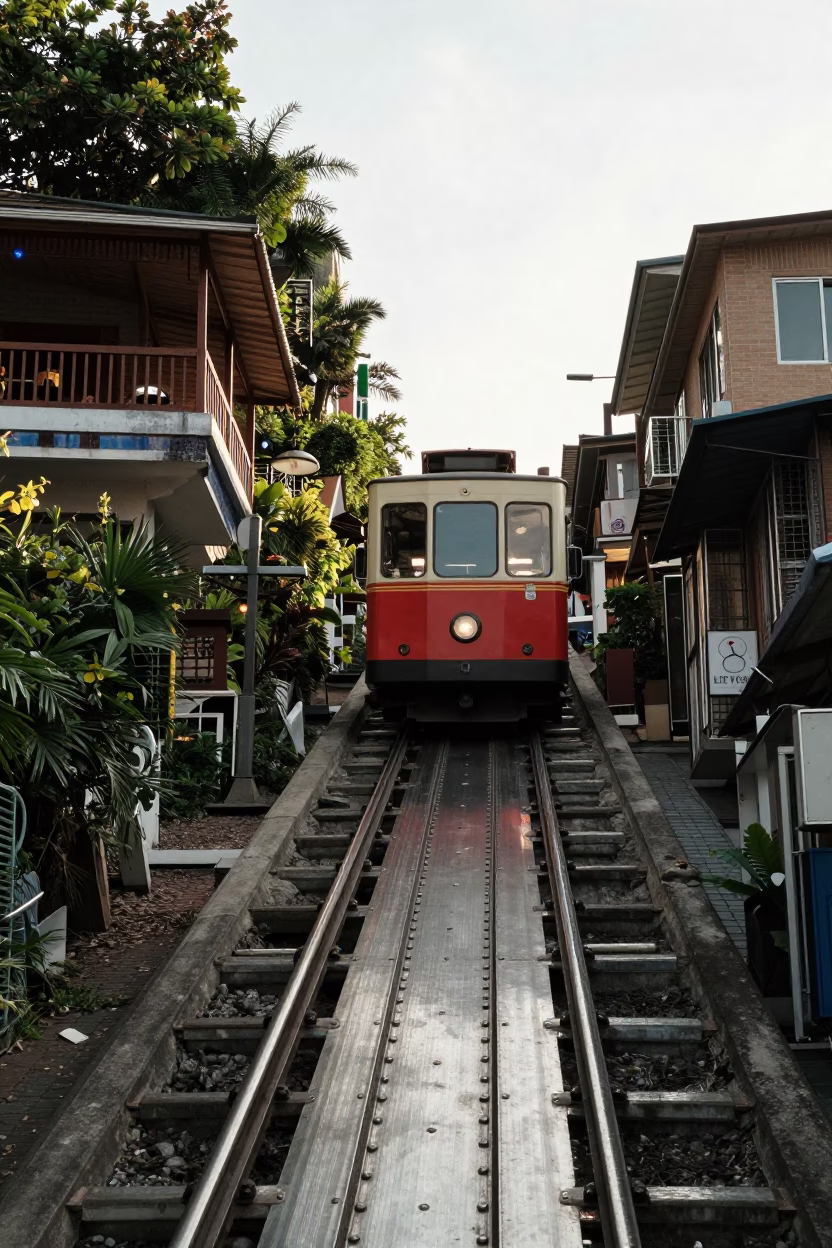Kaohsiung Taiwan Early Afternoon Street Scene with Funicular Railway and Urban Architecture in in Kaohsiung, Taiwan