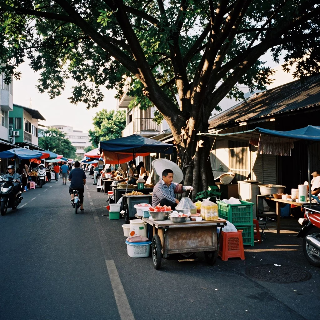 Kaohsiung Taiwan early afternoon street scene with local vendor and traditional elements in in Kaohsiung, Taiwan