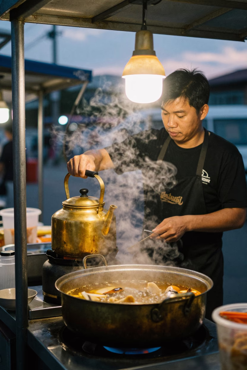 Kaohsiung Taiwan early evening street food stall with brass kettle and local dining atmosphere in in Kaohsiung, Taiwan