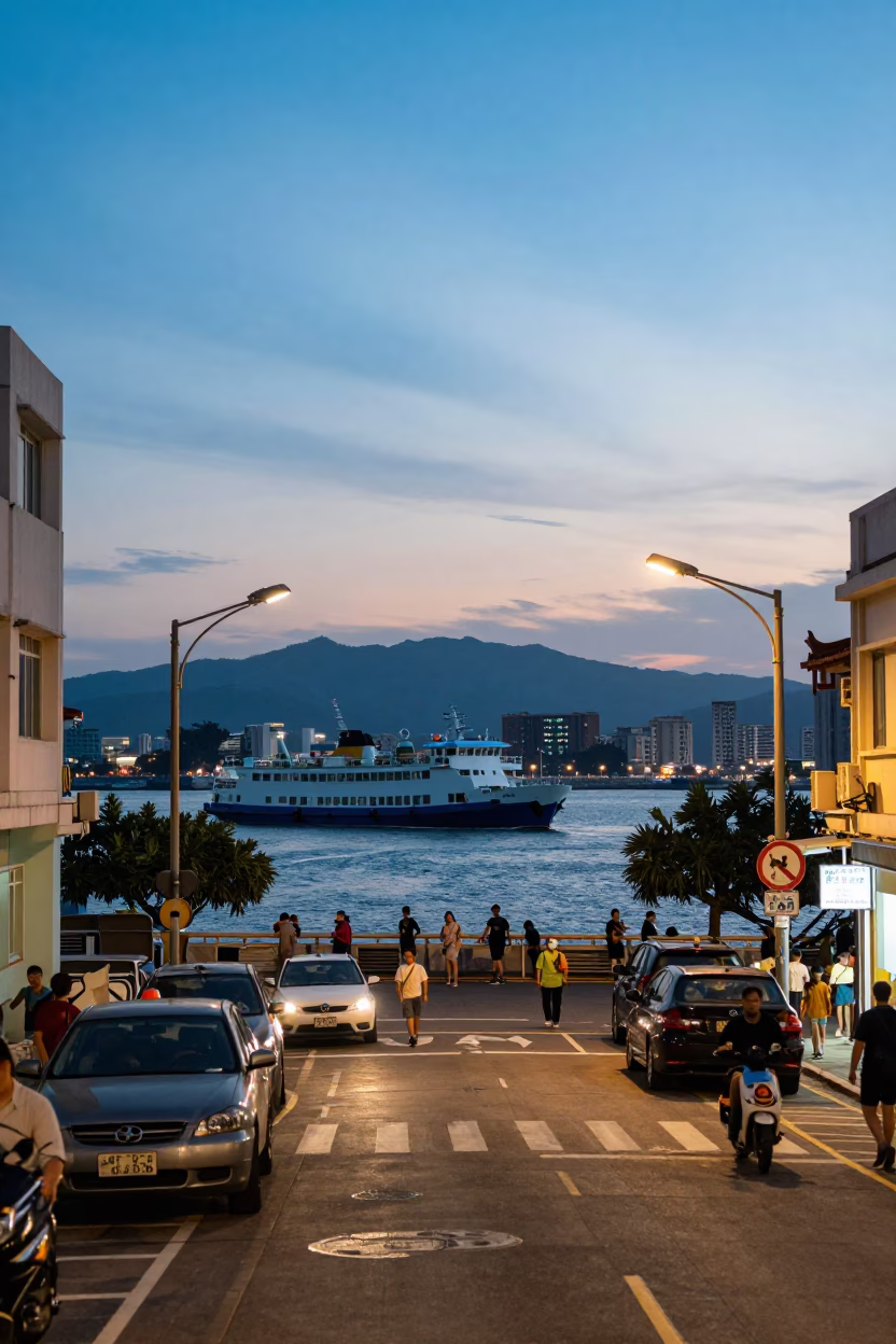 Kaohsiung Taiwan Early Evening Street Scene with Ferry and Urban Atmosphere in in Kaohsiung, Taiwan