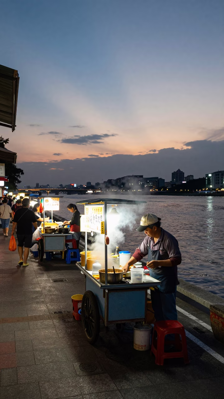 Kaohsiung Taiwan Early Evening Street Scene with Local Food Vendor and Traditional Sampan in in Kaohsiung, Taiwan
