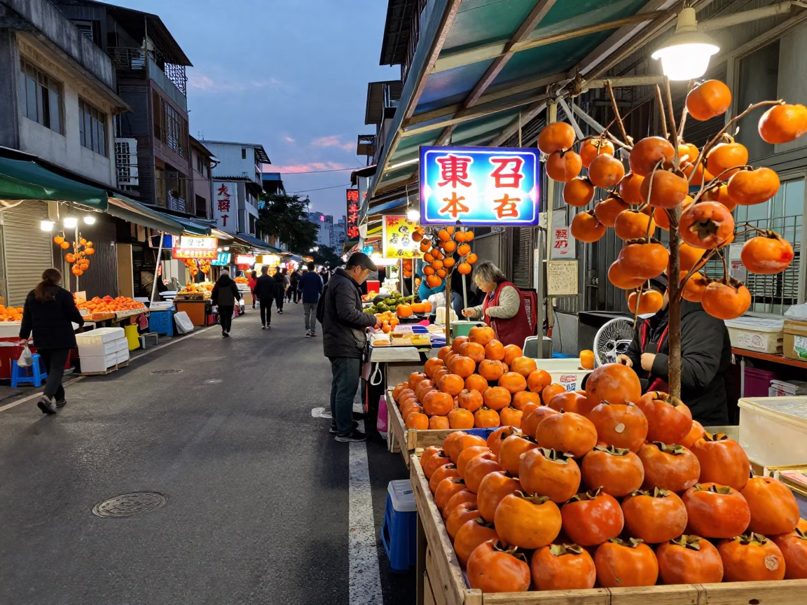 Kaohsiung Taiwan Early Evening Street Scene with Persimmons and Urban Life in in Kaohsiung, Taiwan
