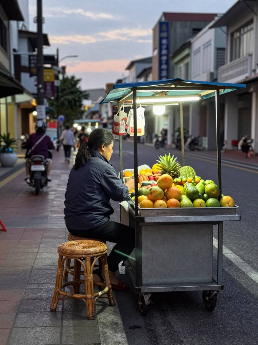 Kaohsiung Taiwan Early Evening Street Scene with Rattan Stool and Urban Details in in Kaohsiung, Taiwan