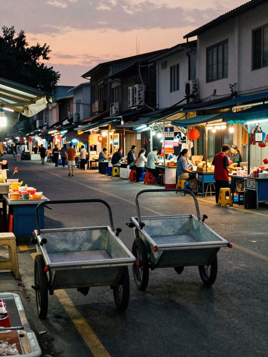 Kaohsiung Taiwan Early Evening Street Scene with Rolling Carts and Neon Lights in in Kaohsiung, Taiwan