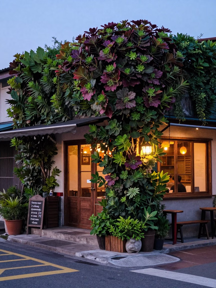 Kaohsiung Taiwan early evening street scene with succulent wall cafe exterior in in Kaohsiung, Taiwan