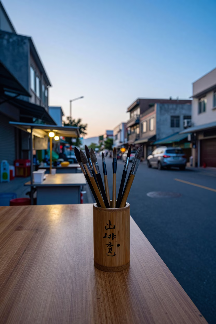 Kaohsiung Taiwan Early Morning Street Scene with Calligraphy Brushes and Local Market Details in in Kaohsiung, Taiwan
