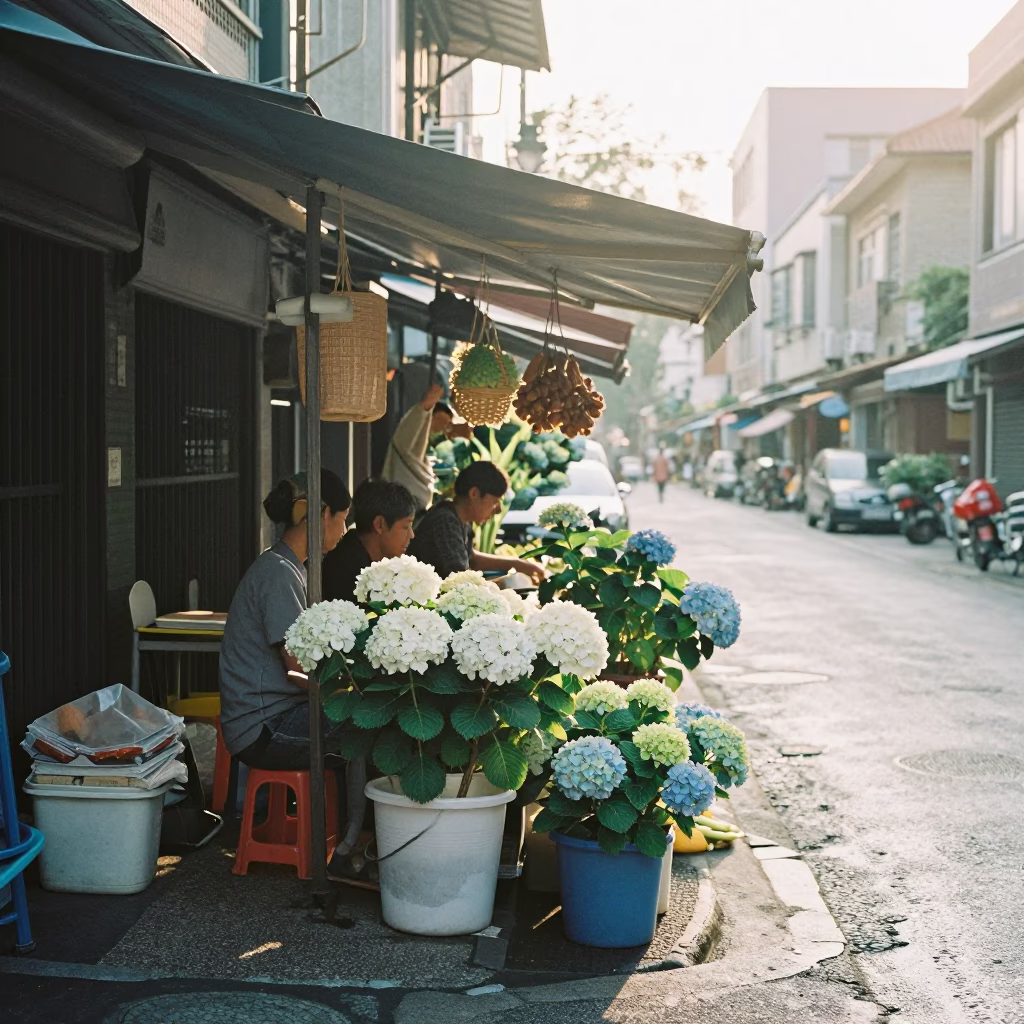 Kaohsiung Taiwan Early Morning Street Scene with Hydrangeas and Local Market Activity in in Kaohsiung, Taiwan
