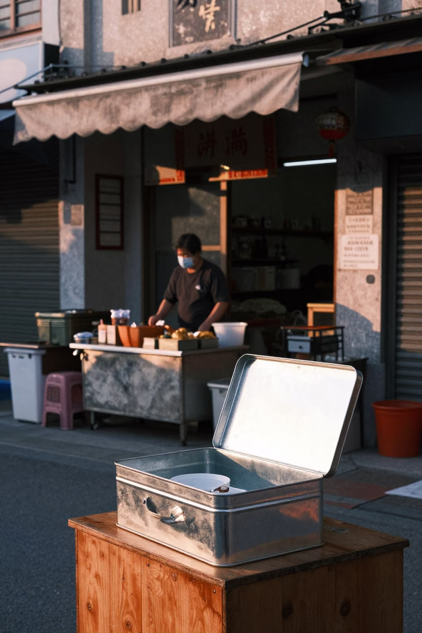 Kaohsiung Taiwan Early Morning Street Scene with Tin Box and Kitchen Tongs in in Kaohsiung, Taiwan