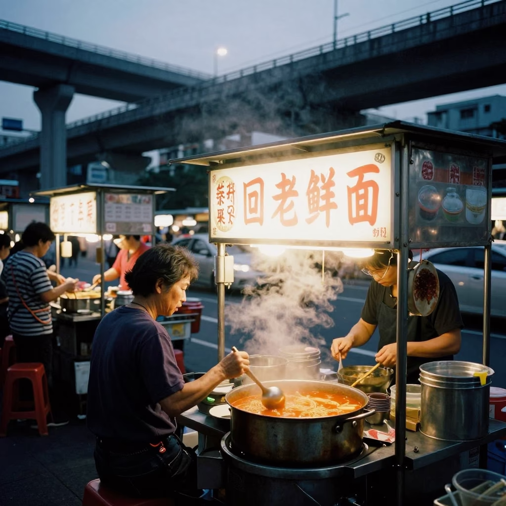 Kaohsiung Taiwan Evening Highway Flyover and Street Food Noodle Stall Scene in in Kaohsiung, Taiwan