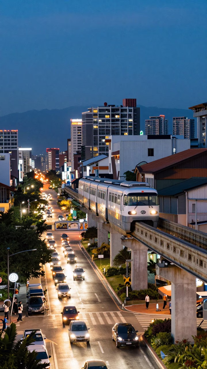 Kaohsiung Taiwan Evening Street Scene Monorail Overhead City Lights Glow in in Kaohsiung, Taiwan