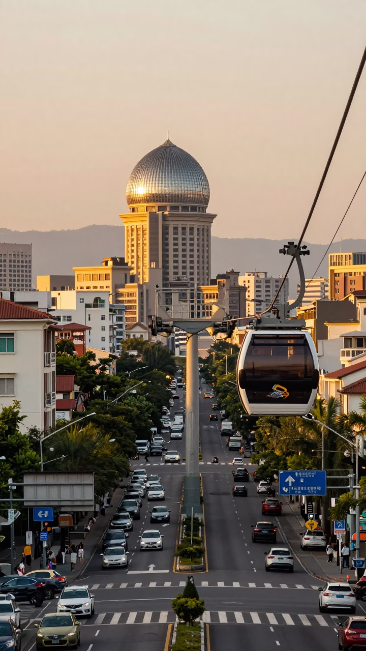 Kaohsiung Taiwan Evening Street Scene with Aerial Tramway Gondola and Local Life in in Kaohsiung, Taiwan