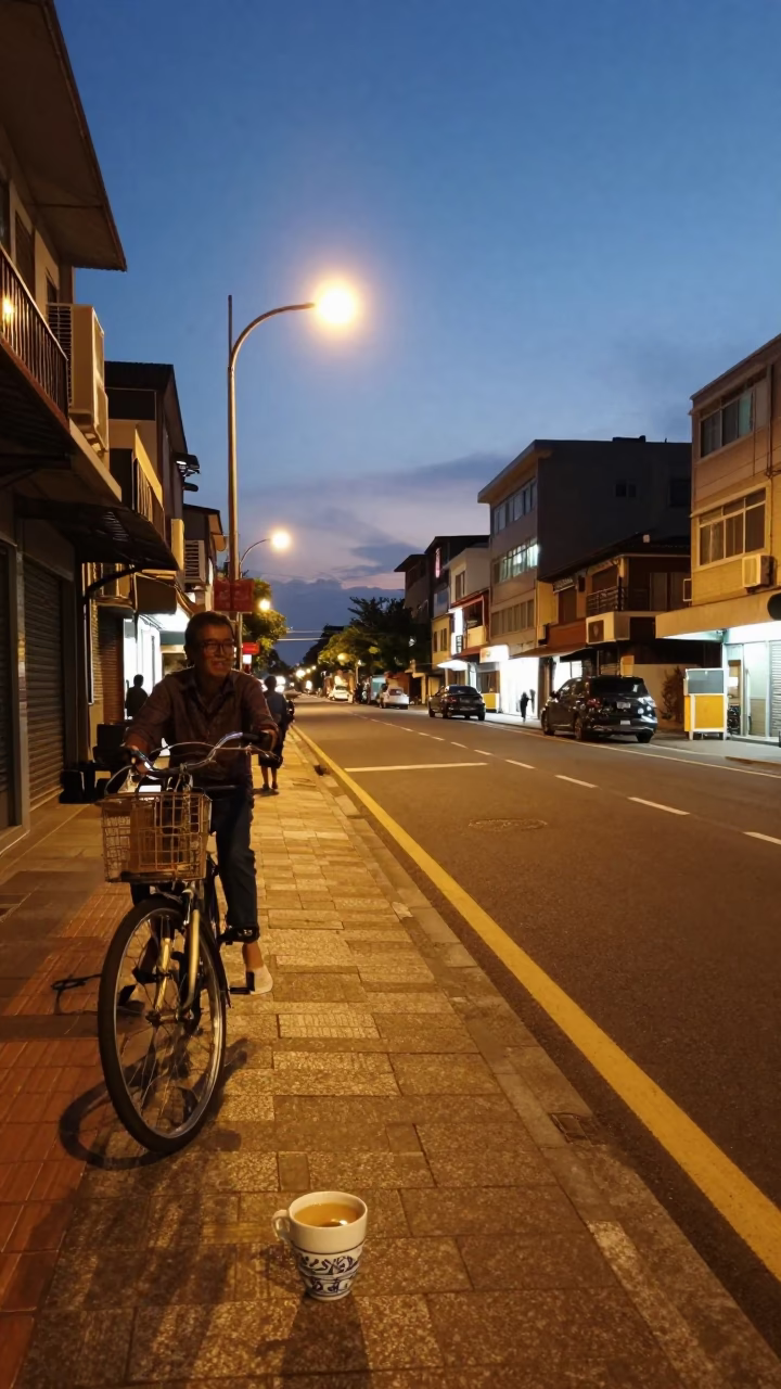 Kaohsiung Taiwan Evening Street Scene with Bicycle and Ceramic Cup in in Kaohsiung, Taiwan