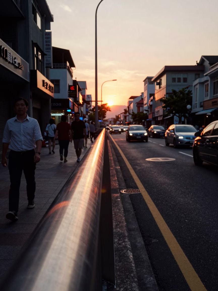 Kaohsiung Taiwan Evening Street Scene with Brushed Steel and Sunlight in in Kaohsiung, Taiwan