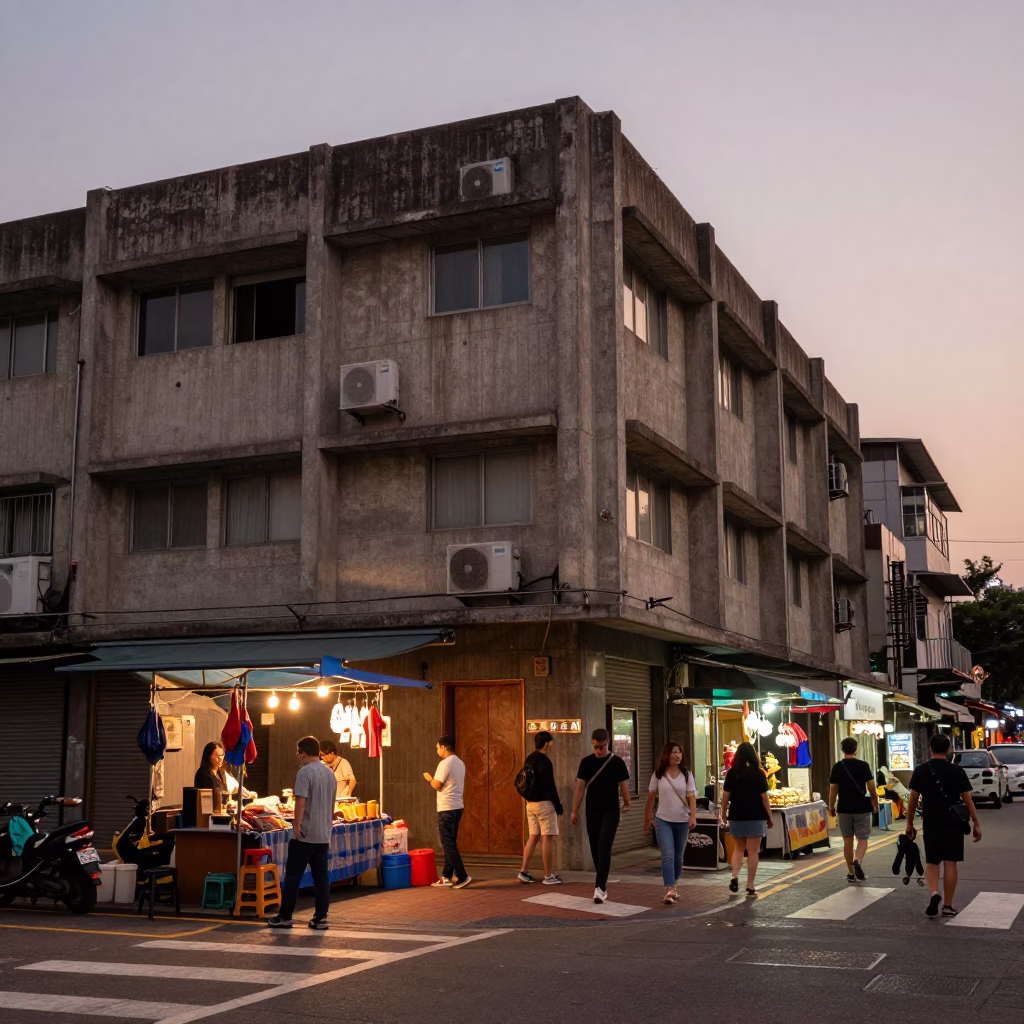 Kaohsiung Taiwan Evening Street Scene with Brutalist Concrete Architecture and Local Dining in in Kaohsiung, Taiwan