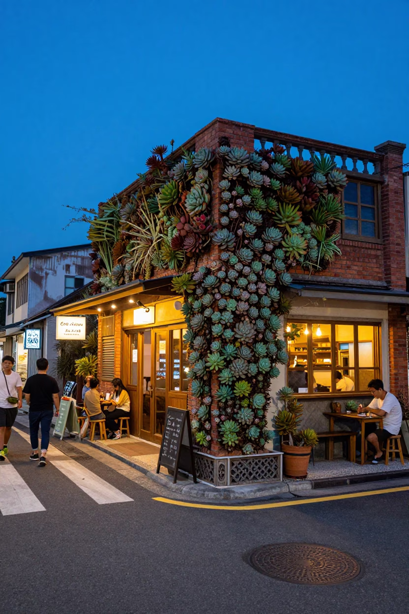 Kaohsiung Taiwan Evening Street Scene with Cafe Succulent Wall and Local Life in in Kaohsiung, Taiwan