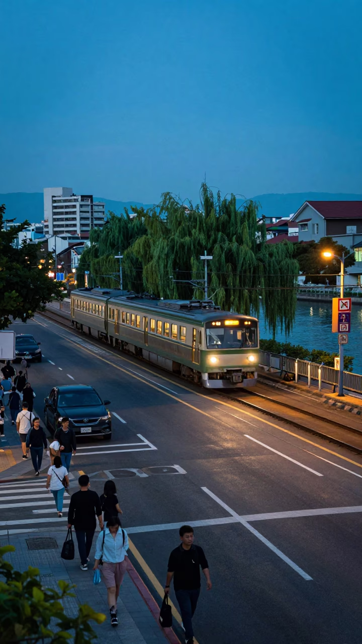Kaohsiung Taiwan Evening Street Scene with Commuter Train and Urban Details in in Kaohsiung, Taiwan