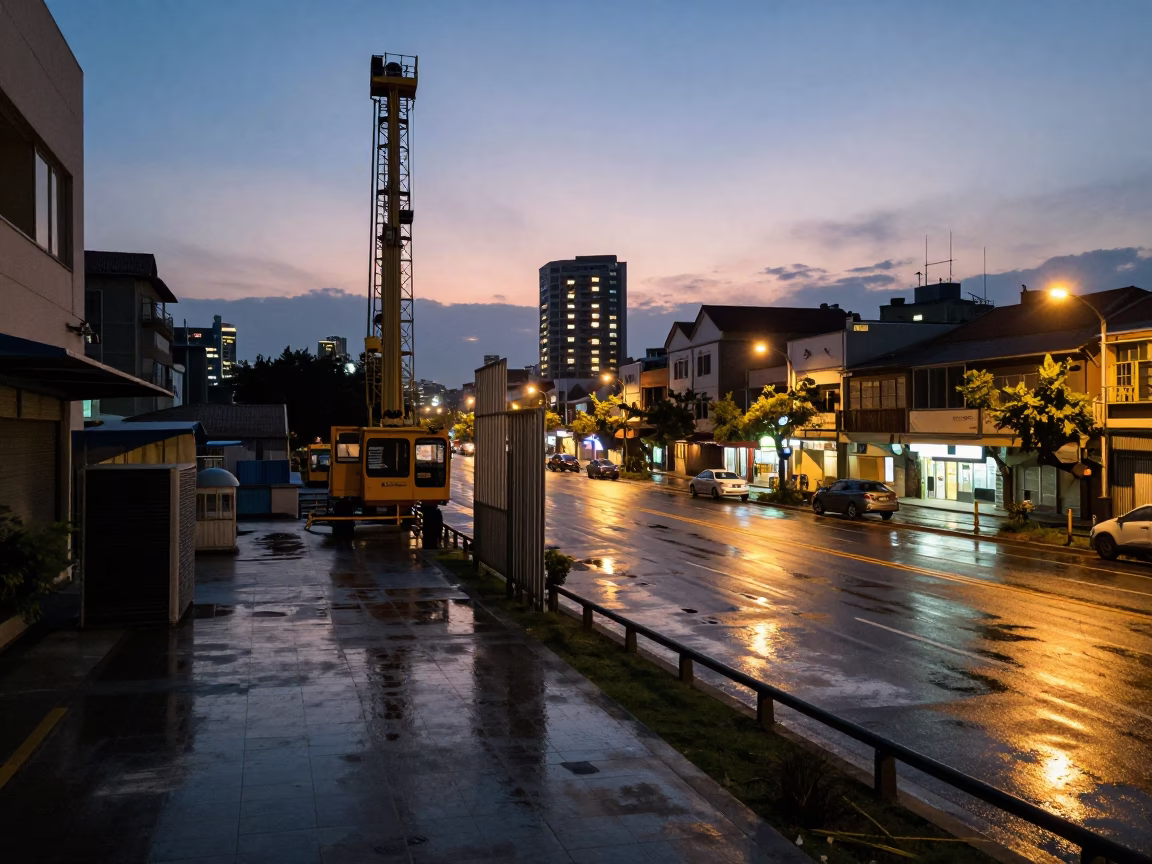 Kaohsiung Taiwan Evening Street Scene with Construction Elevator and Urban Activity in in Kaohsiung, Taiwan