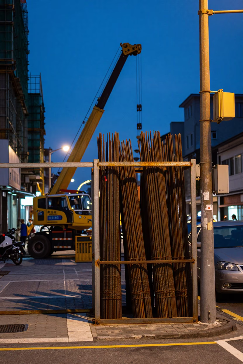 Kaohsiung Taiwan Evening Street Scene with Construction Elevator Gate and Rebar Bundles in in Kaohsiung, Taiwan