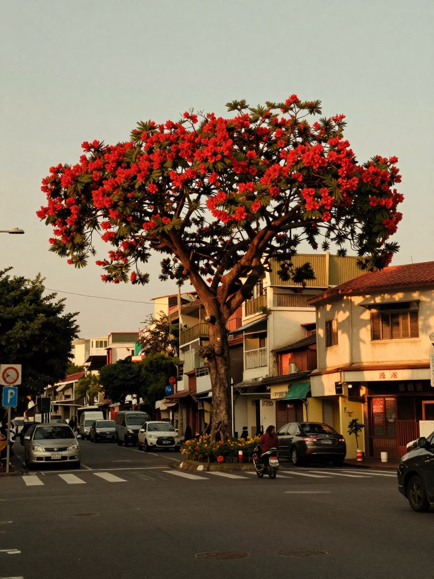 Kaohsiung Taiwan Evening Street Scene with Dragon Blood Tree and Urban Details in in Kaohsiung, Taiwan
